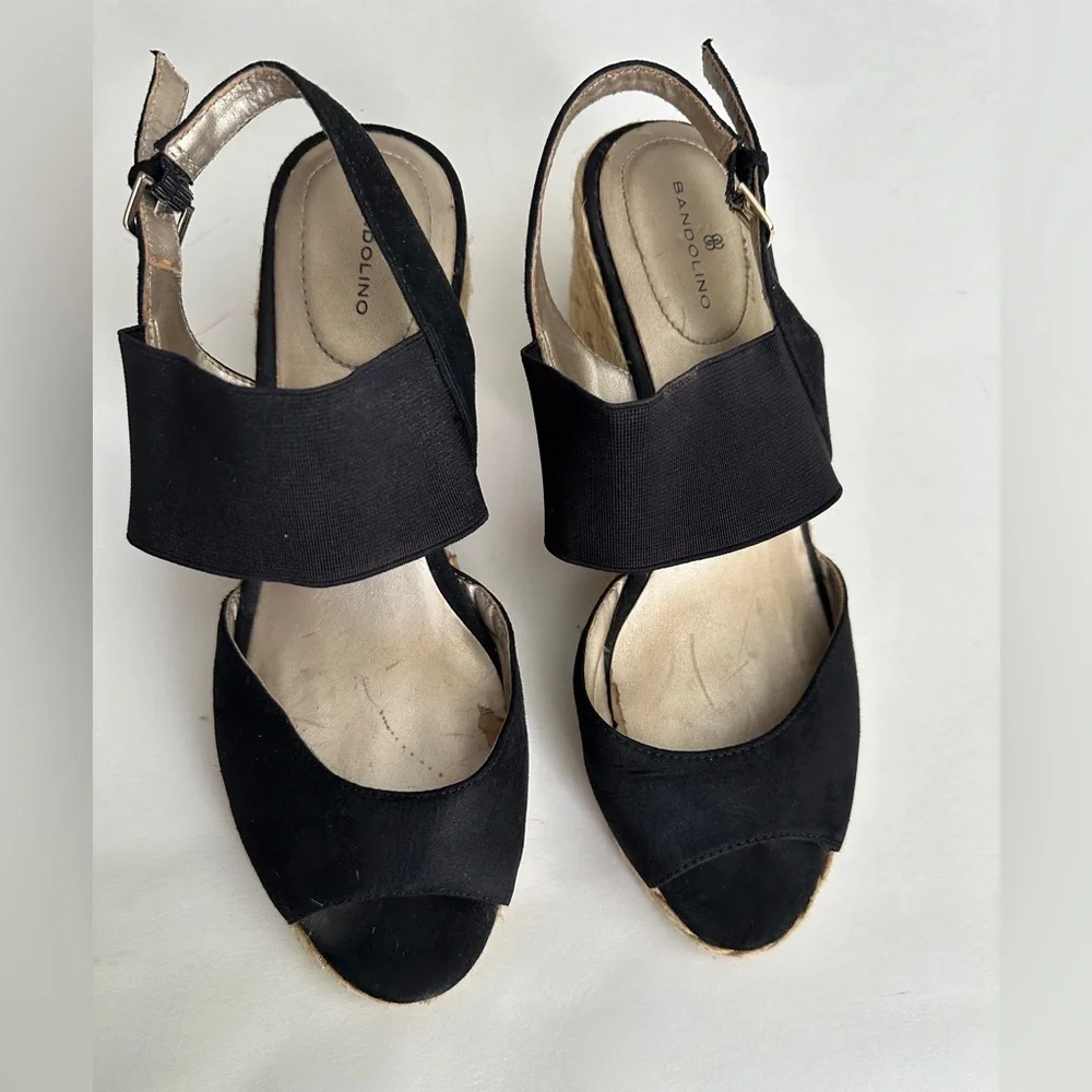 Bandolino Shoes Espadrilles Wedge Black Comfort Ankle Strap Peep Toe Size 8.5 - Picture 5 of 6
